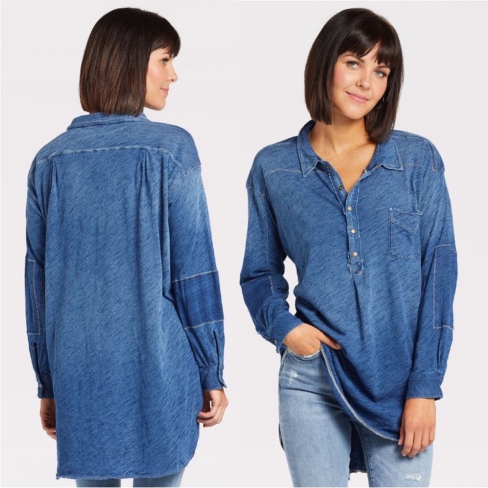 Free People Love This Henley Women’s Blue Tunic Shirt Top We The Free Medium - Picture 1 of 11